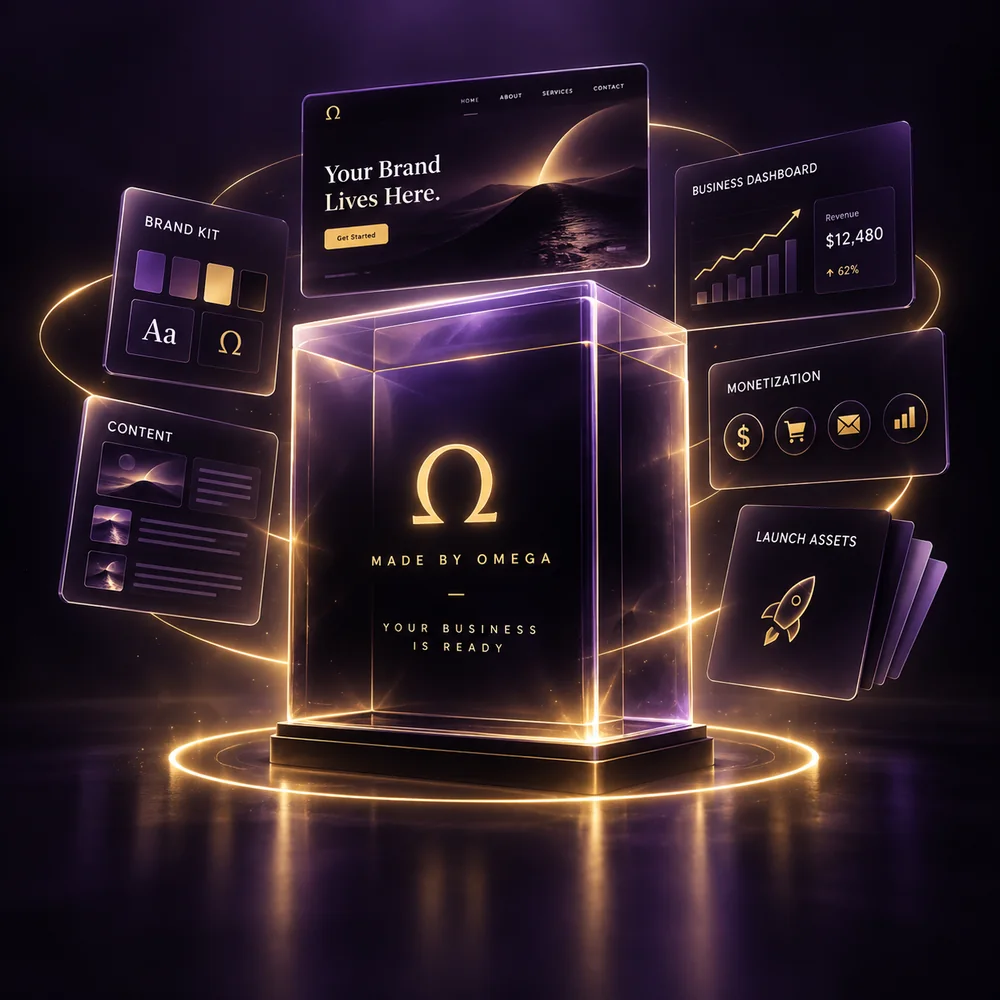 A glowing Made By Omega box that reads Your Business Is Ready, surrounded by the website, brand kit, content, business dashboard, monetization and launch assets that come with it
